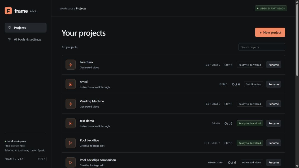 Screenshot of the Frame app project workspace
